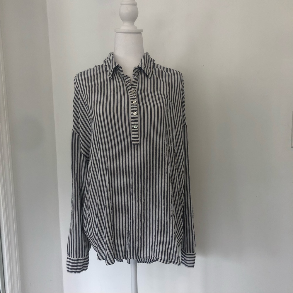 JANE + DELANCEY Women’s White/Gray Striped Long Sleeve Button Down Tunic Sz XL